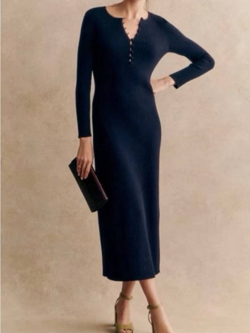 Sézane Meryl Ribbed Long Sleeve Navy Midi Dress BNWT